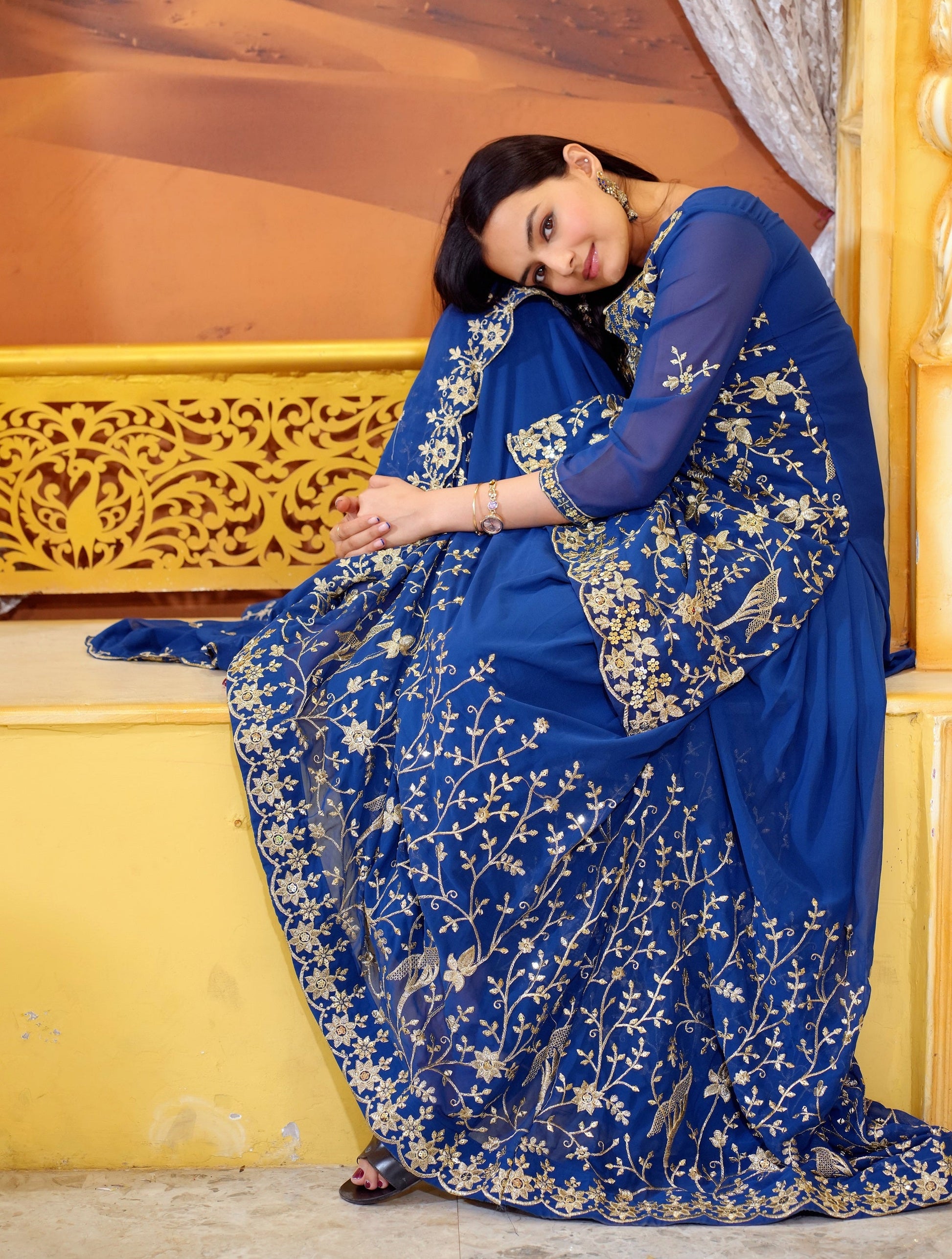 Teeya Creation Blue Color Georgette Heavy Embroidery Work Fully Stitched Lehenga Suit Set