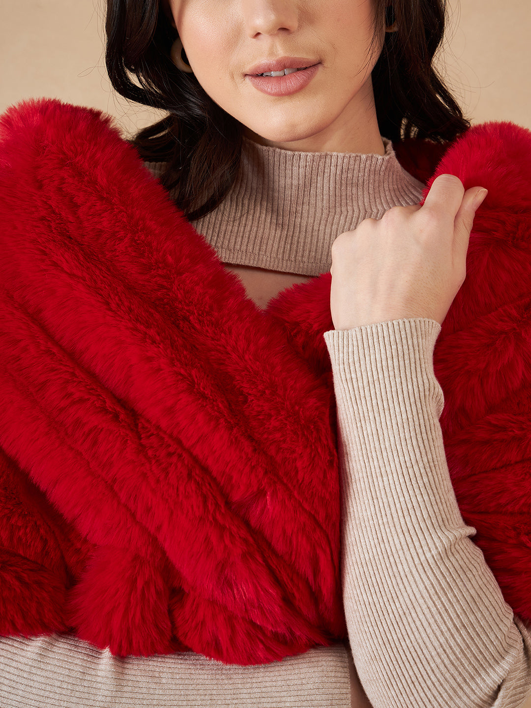 InWeave Women's Cherry Red Long Faux Fur Cape 