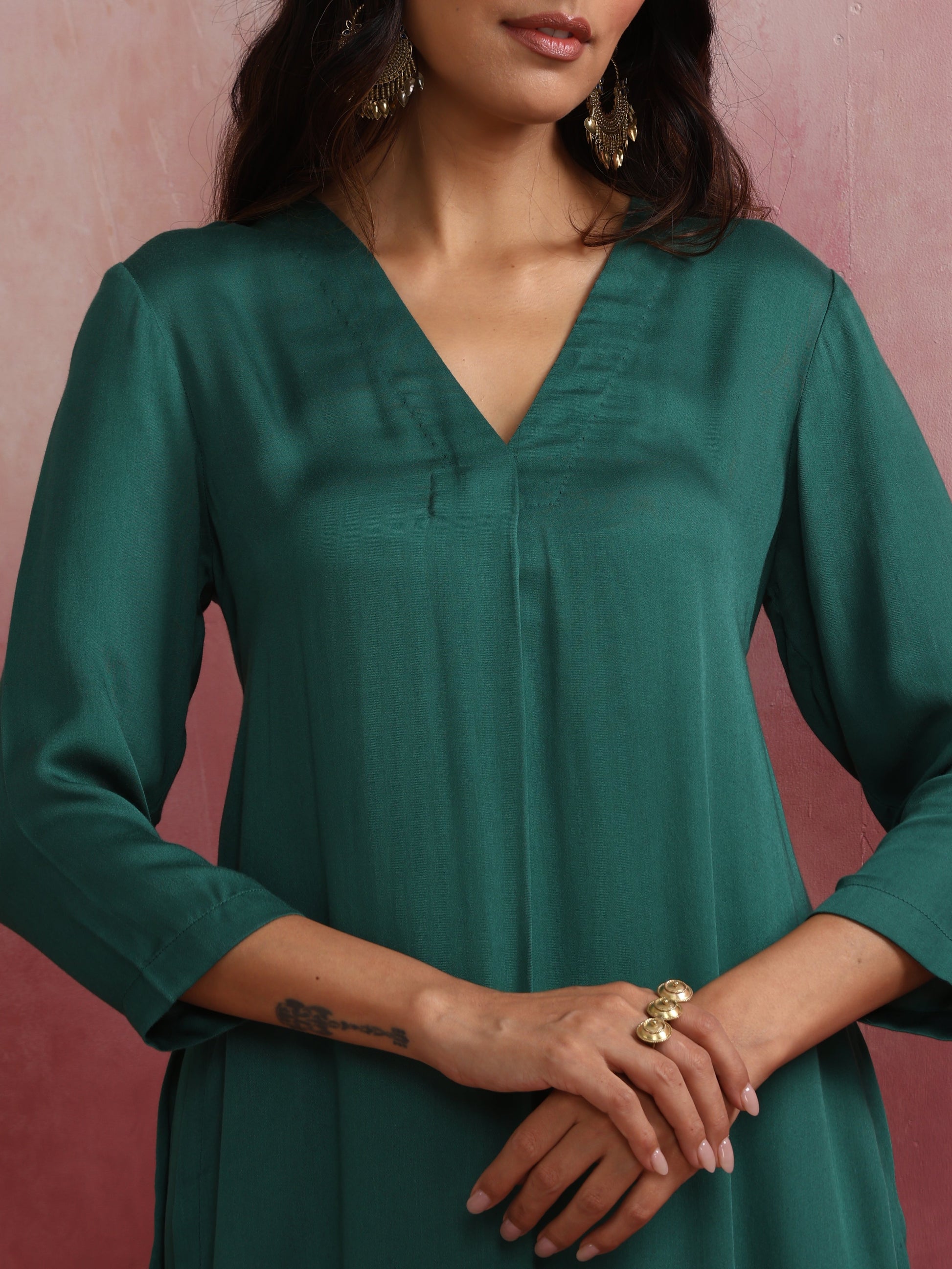 trueBrowns Green Modal Pleated Kurta Set 