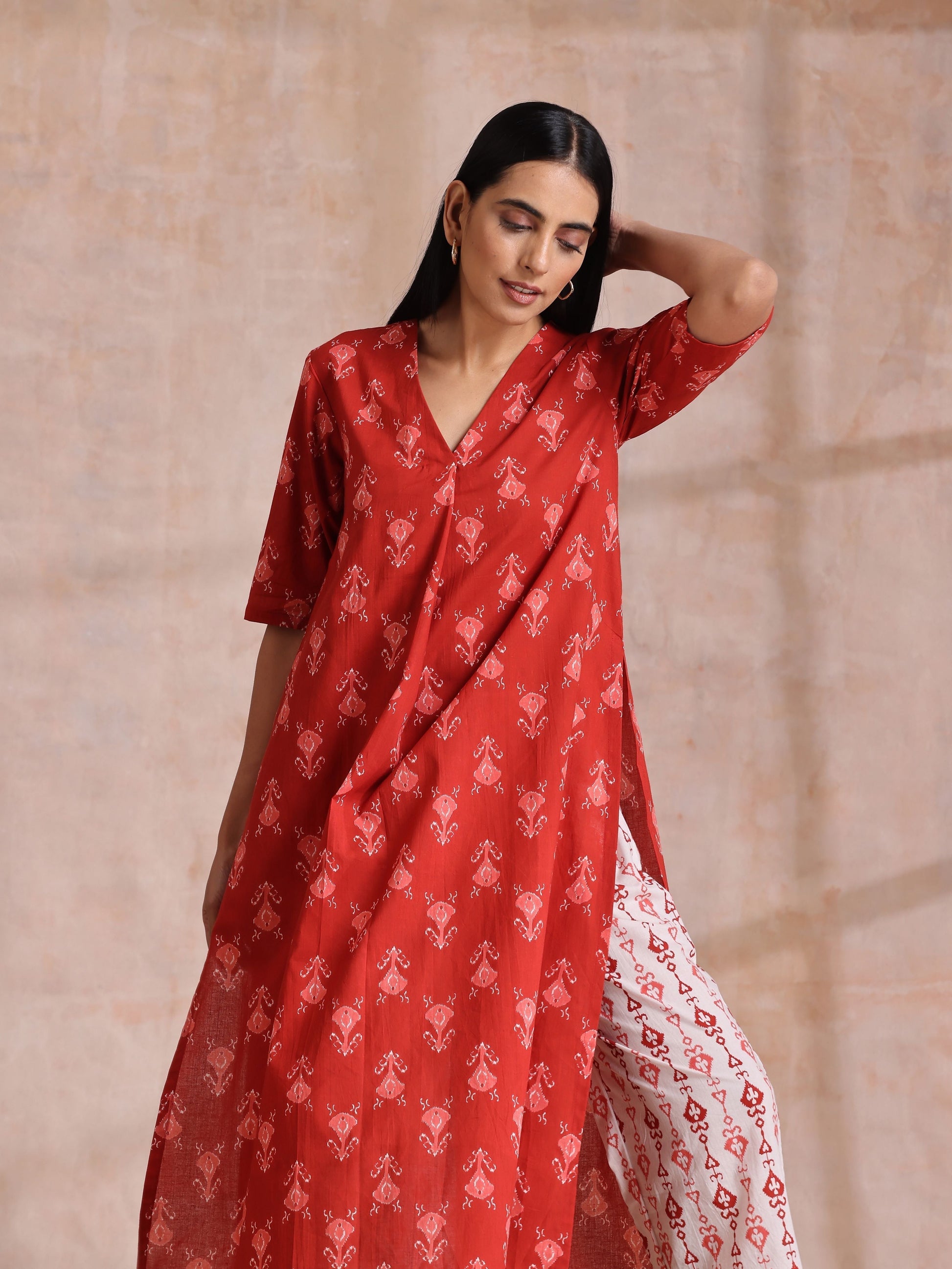 trueBrowns Red On Red Ikat Print Cotton Kurta Pant Set 