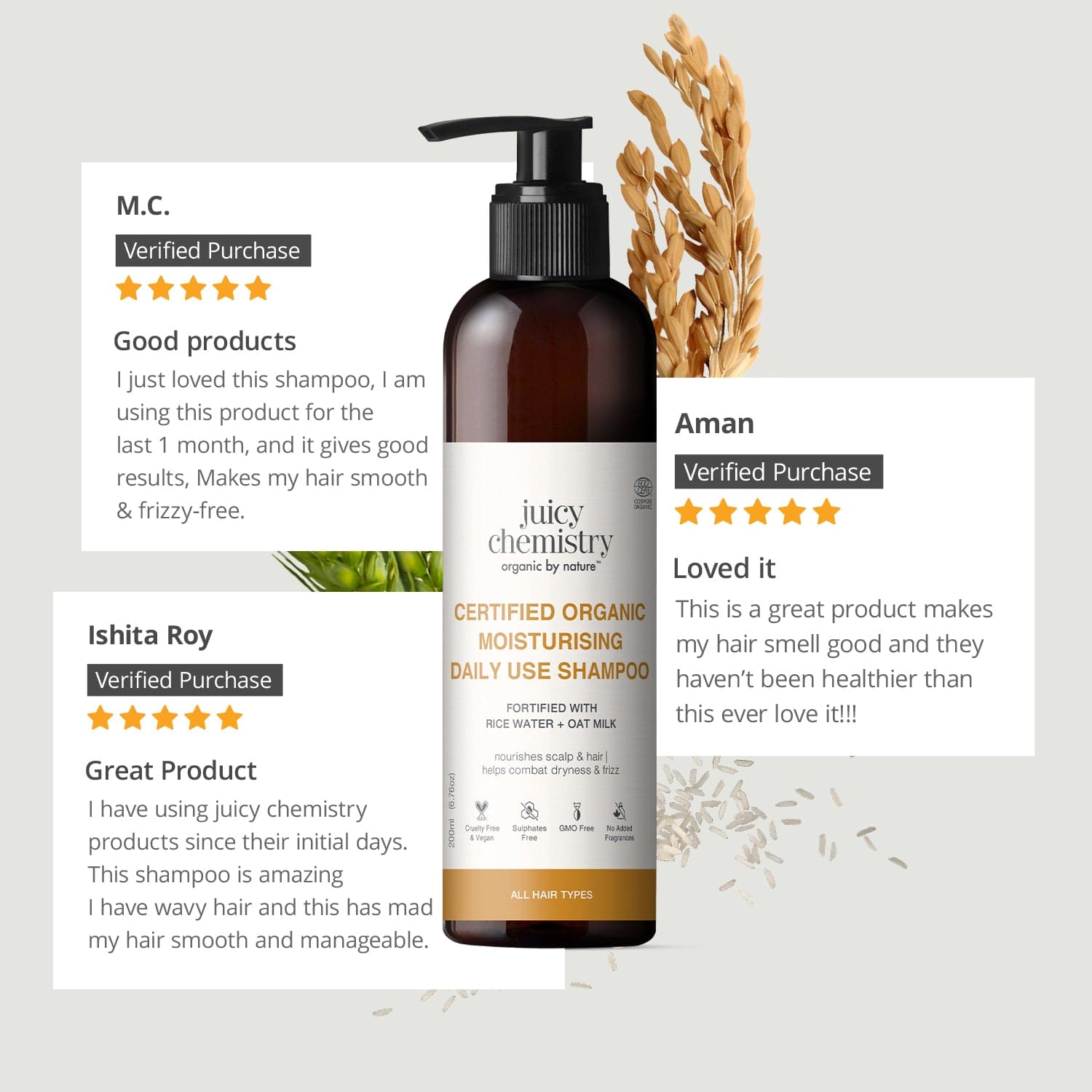 Certified Organic Moisturising Daily Use Shampoo Fortified with Rice Water + Oat Milk 