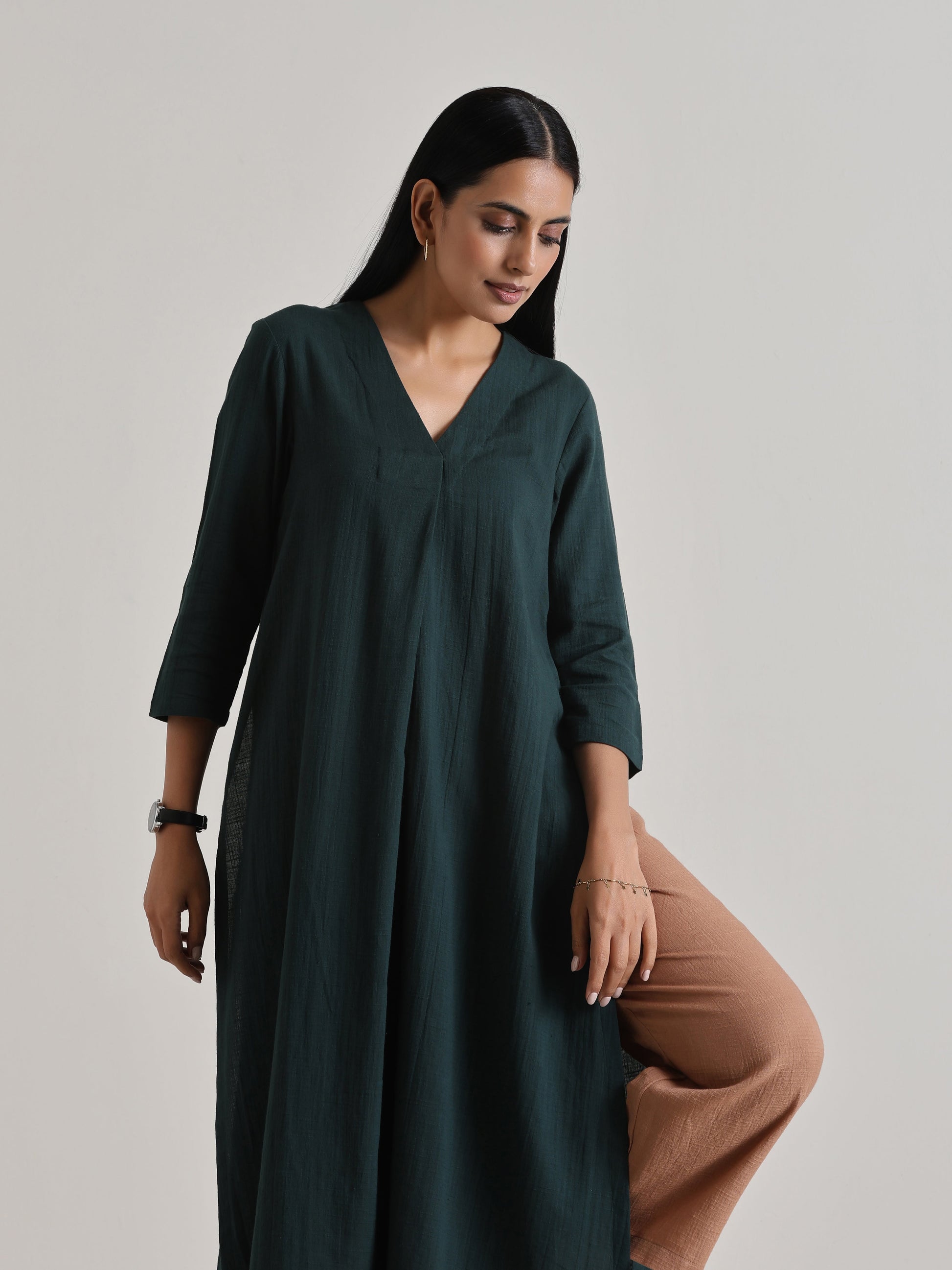 trueBrowns Dark Green Kurta Pant Set 