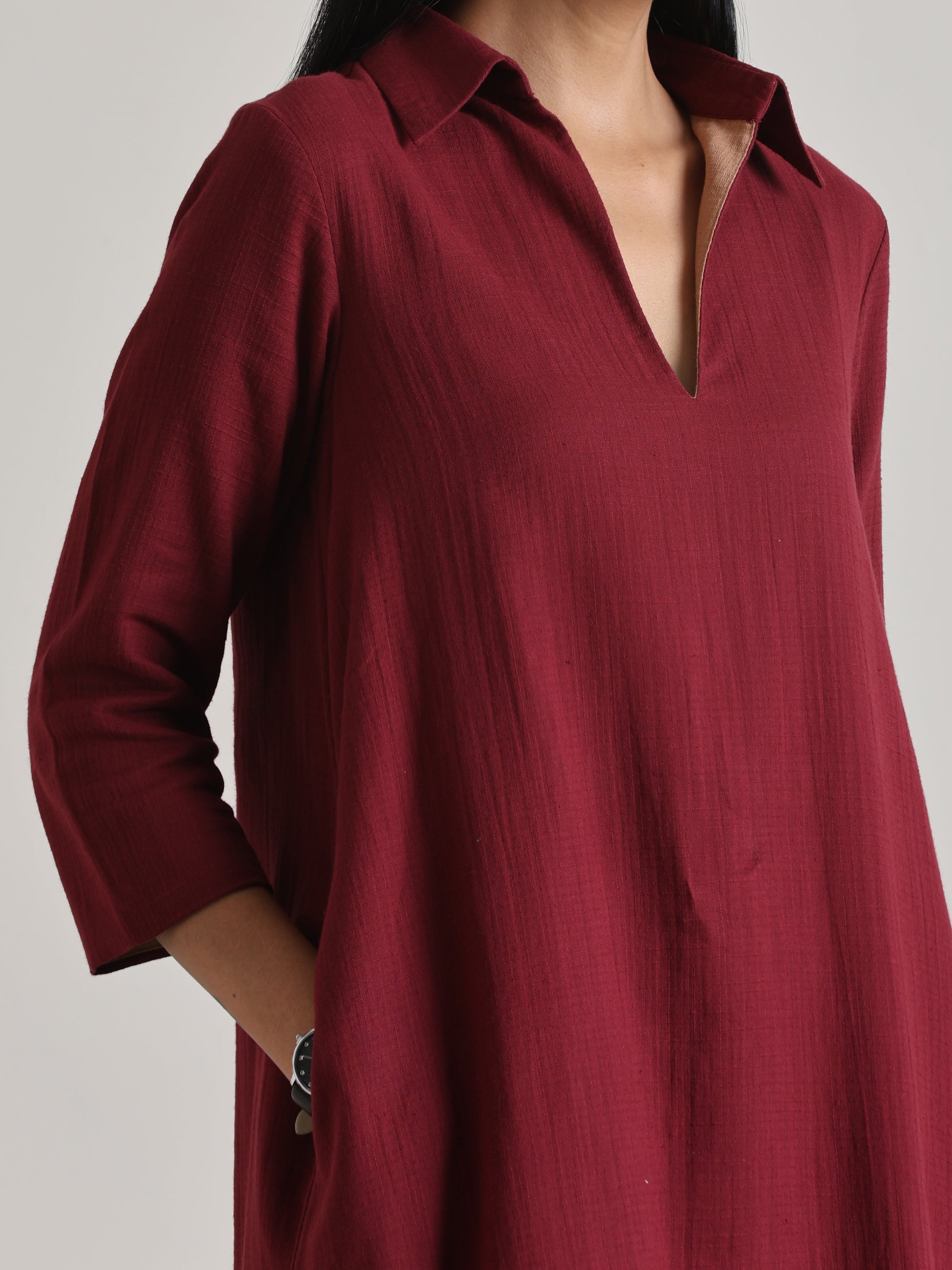 trueBrowns Maroon Short Collared Dress 