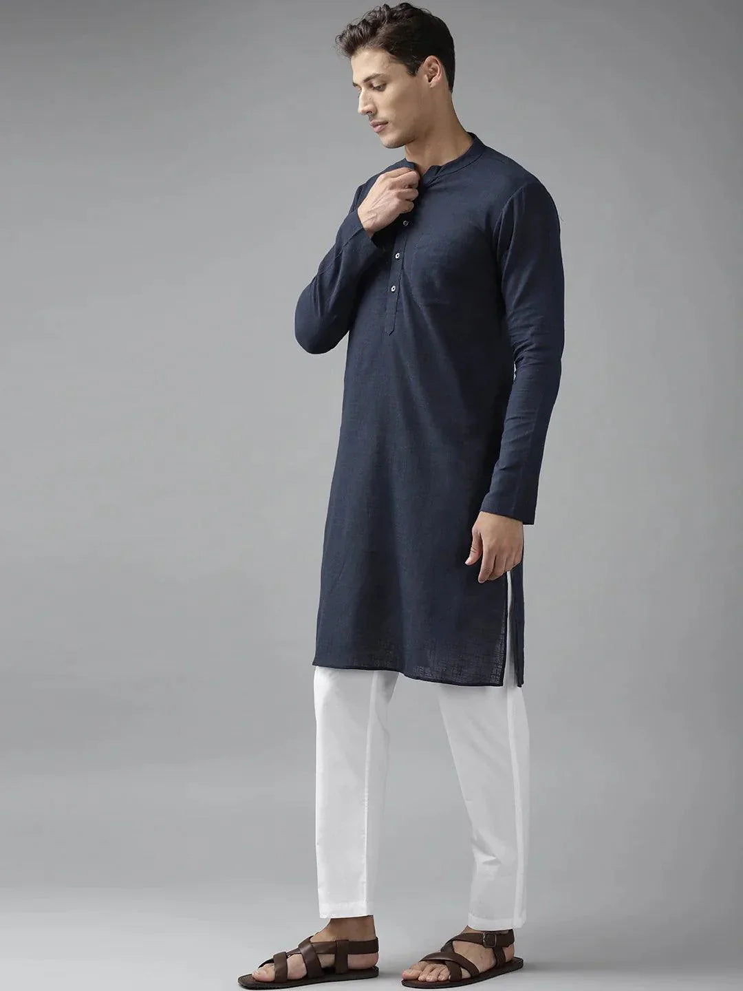 Fabmade Men Navy Blue Cotton Linen Kurta Pyjama