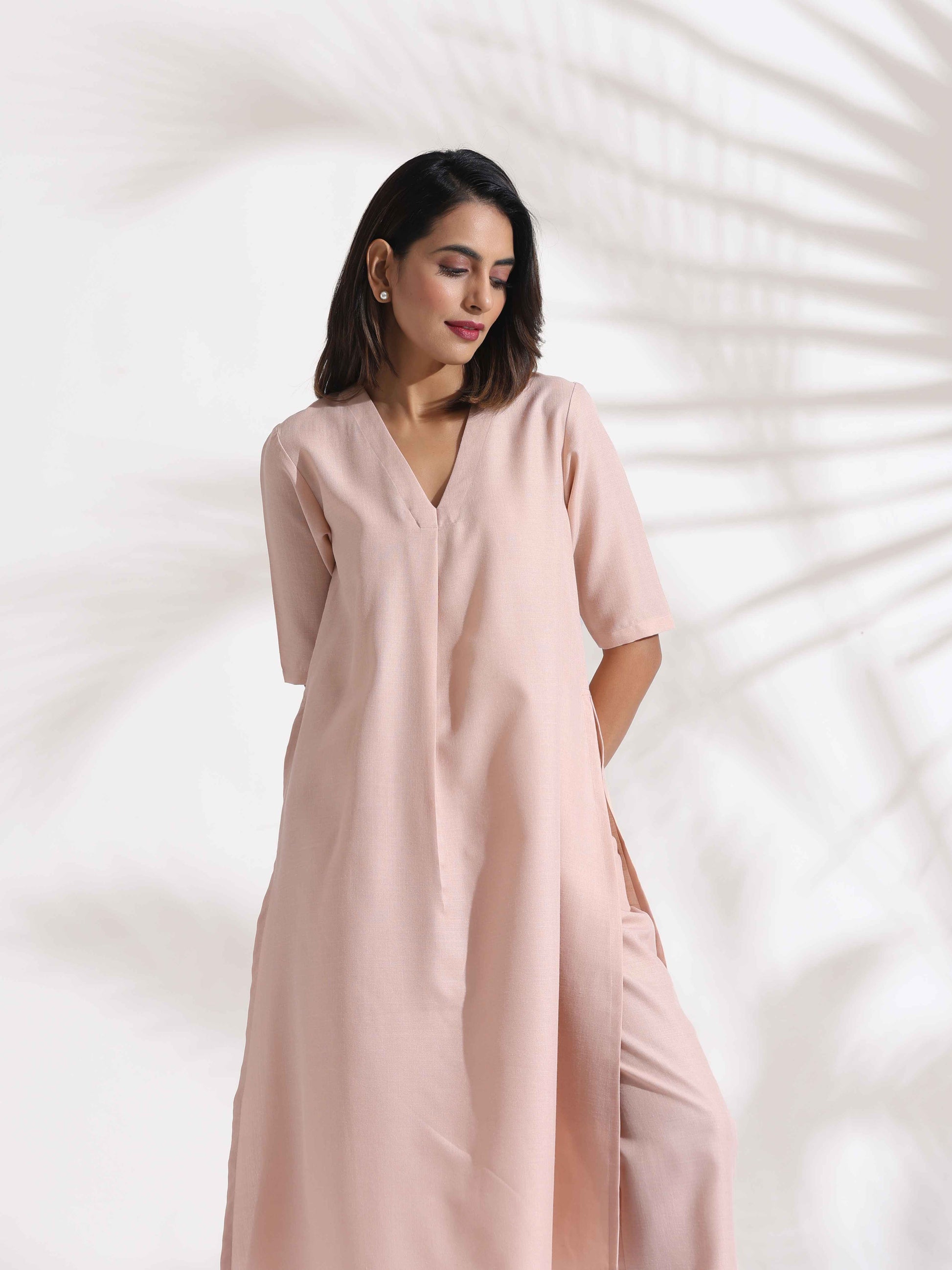 trueBrowns Light Pink Slub Kurta Set 