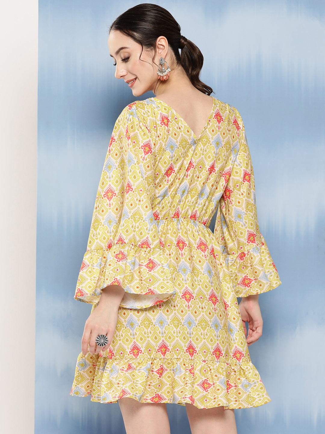 InWeave Women's Yellow Orange Ikkat Print Short Dress 