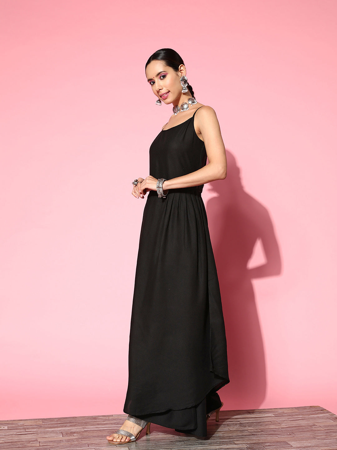 InWeave Black Strappy Set With Green Floral Organza Cape 