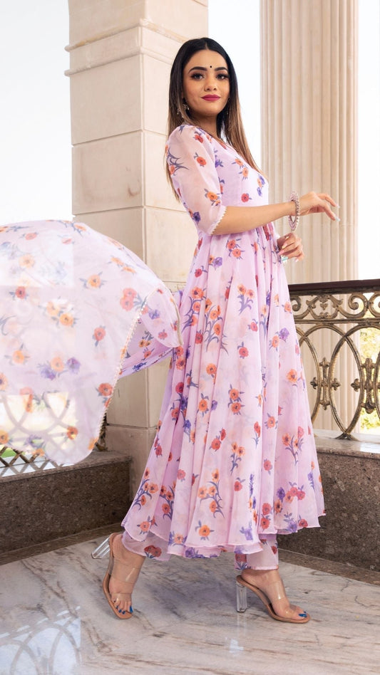 Pomcha Jaipur Lavender Gangaur Printed Organza Anarkali 