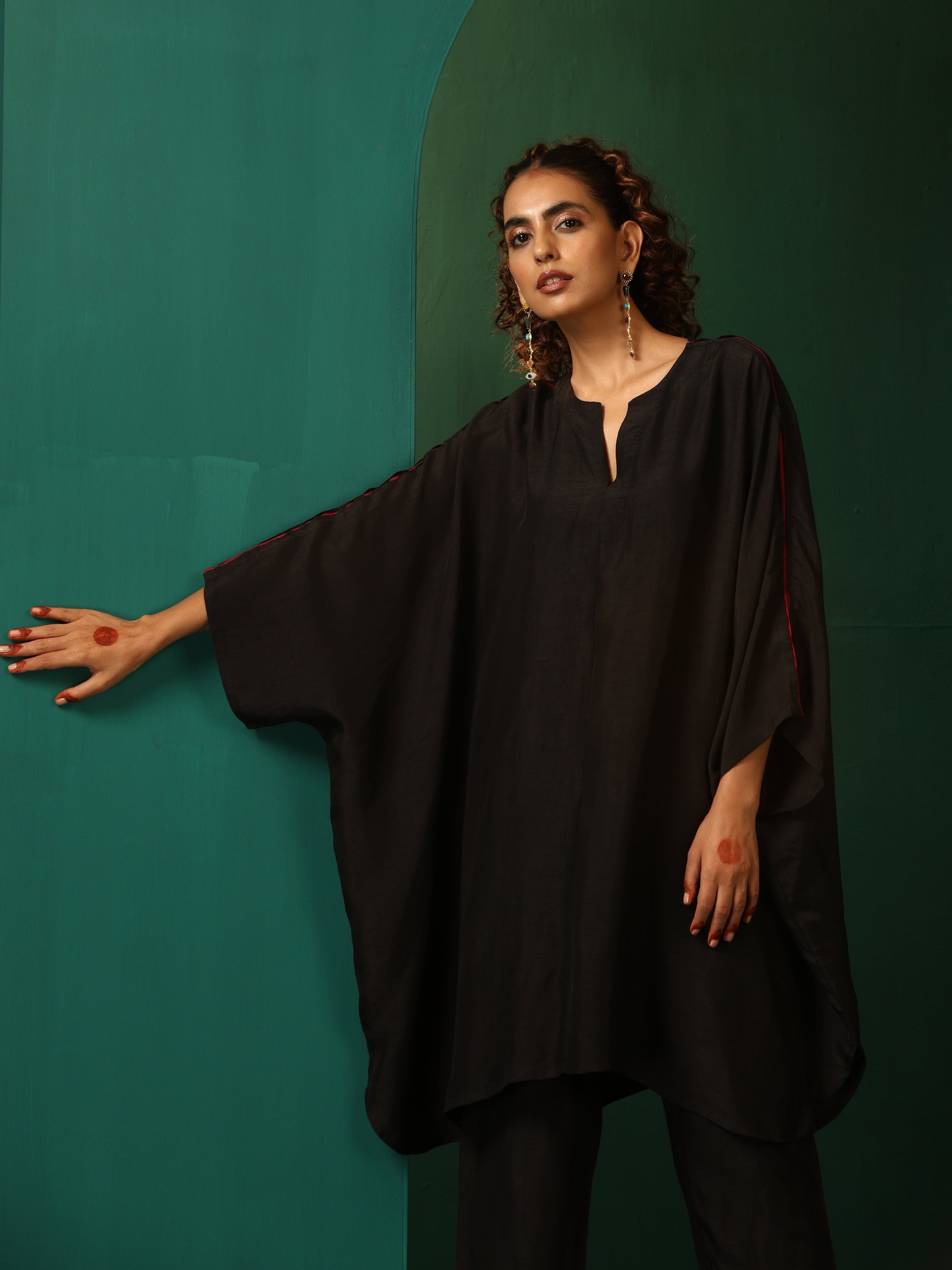 trueBrowns Black Silk Kaftan Pant Set 