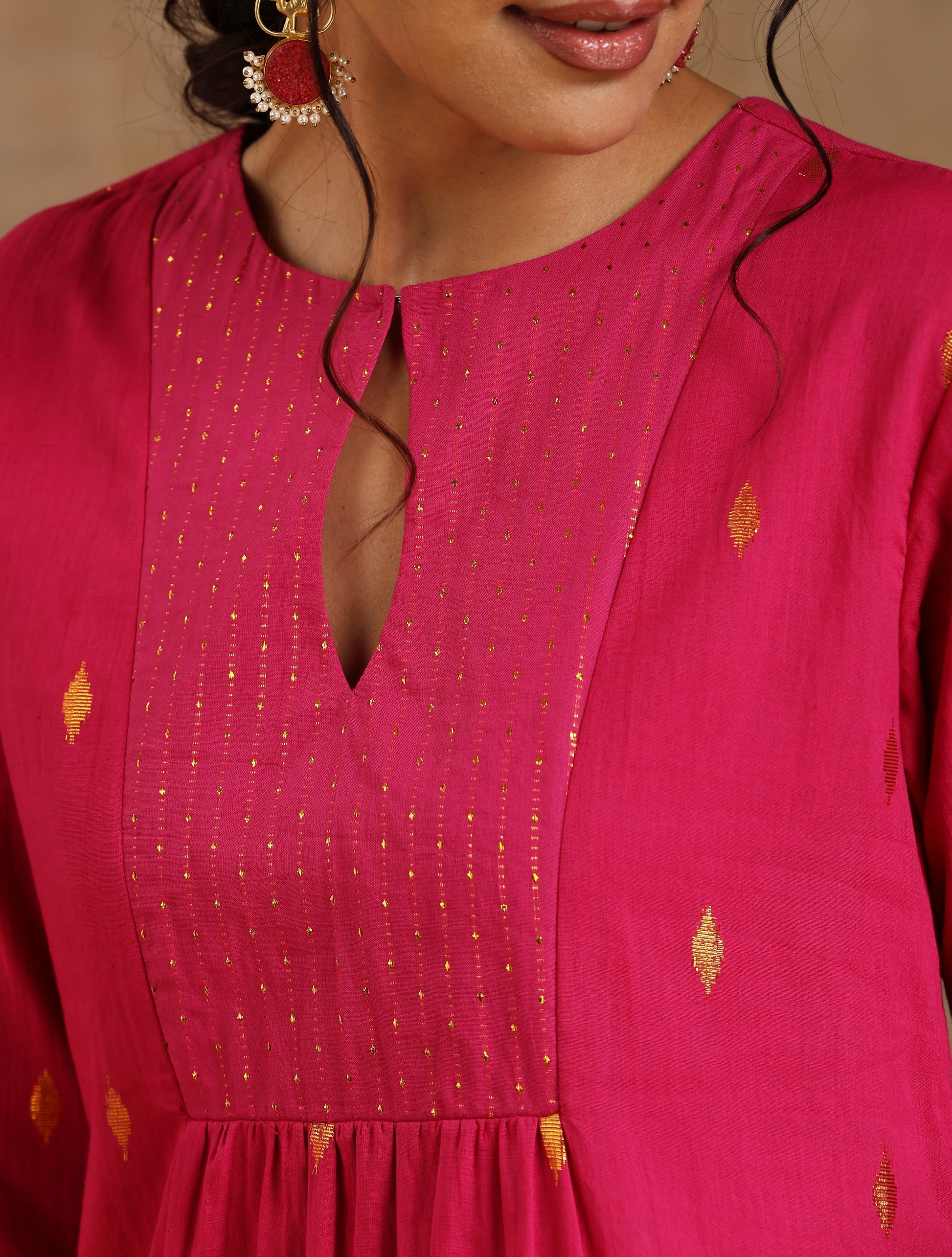 trueBrowns Pink Gold Cotton Yoke Kurta Set 