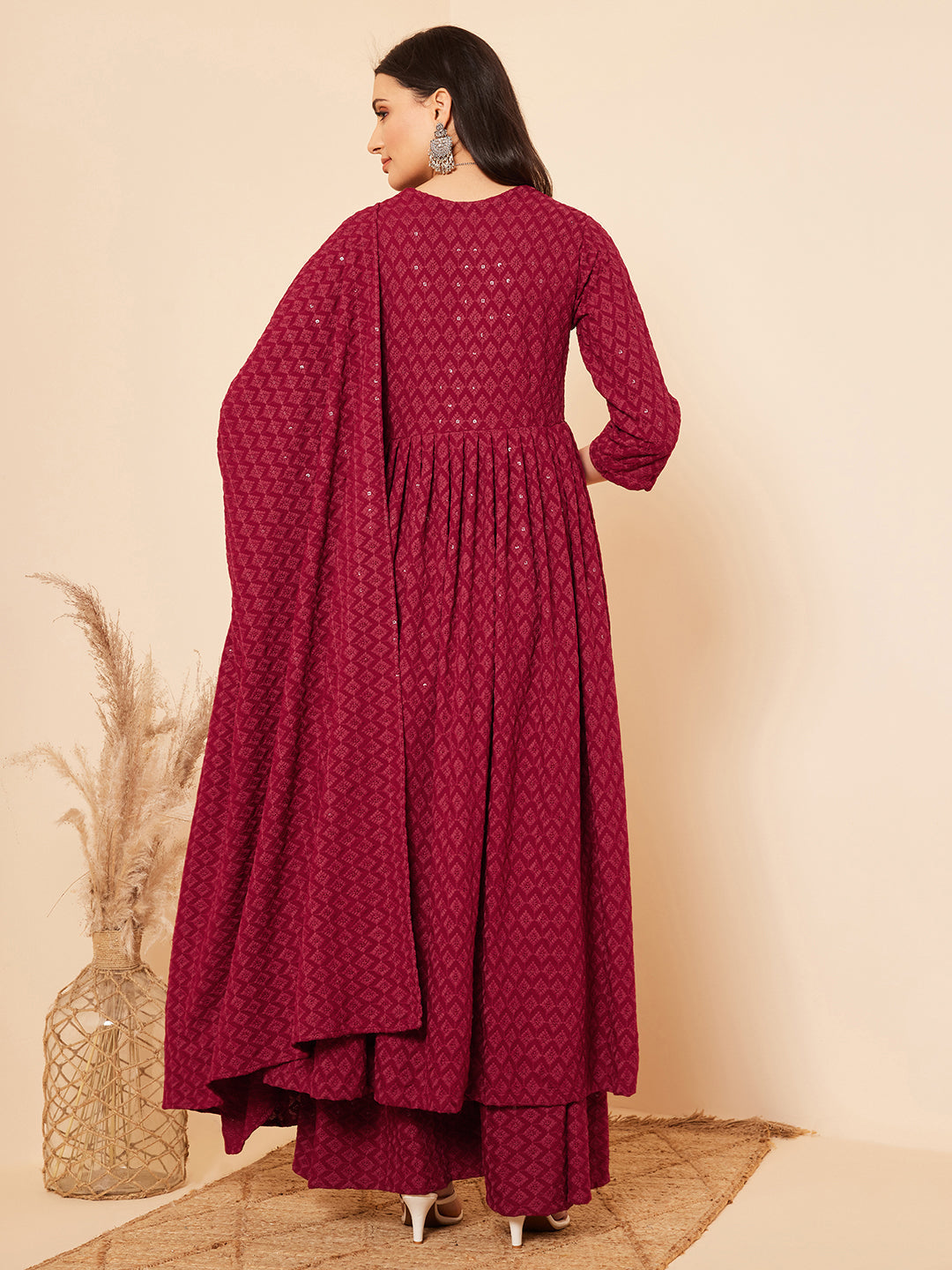 InWeave Women's Maroon Chikankari Long Anarkali Kurta Palazzo Set W Dupatta 