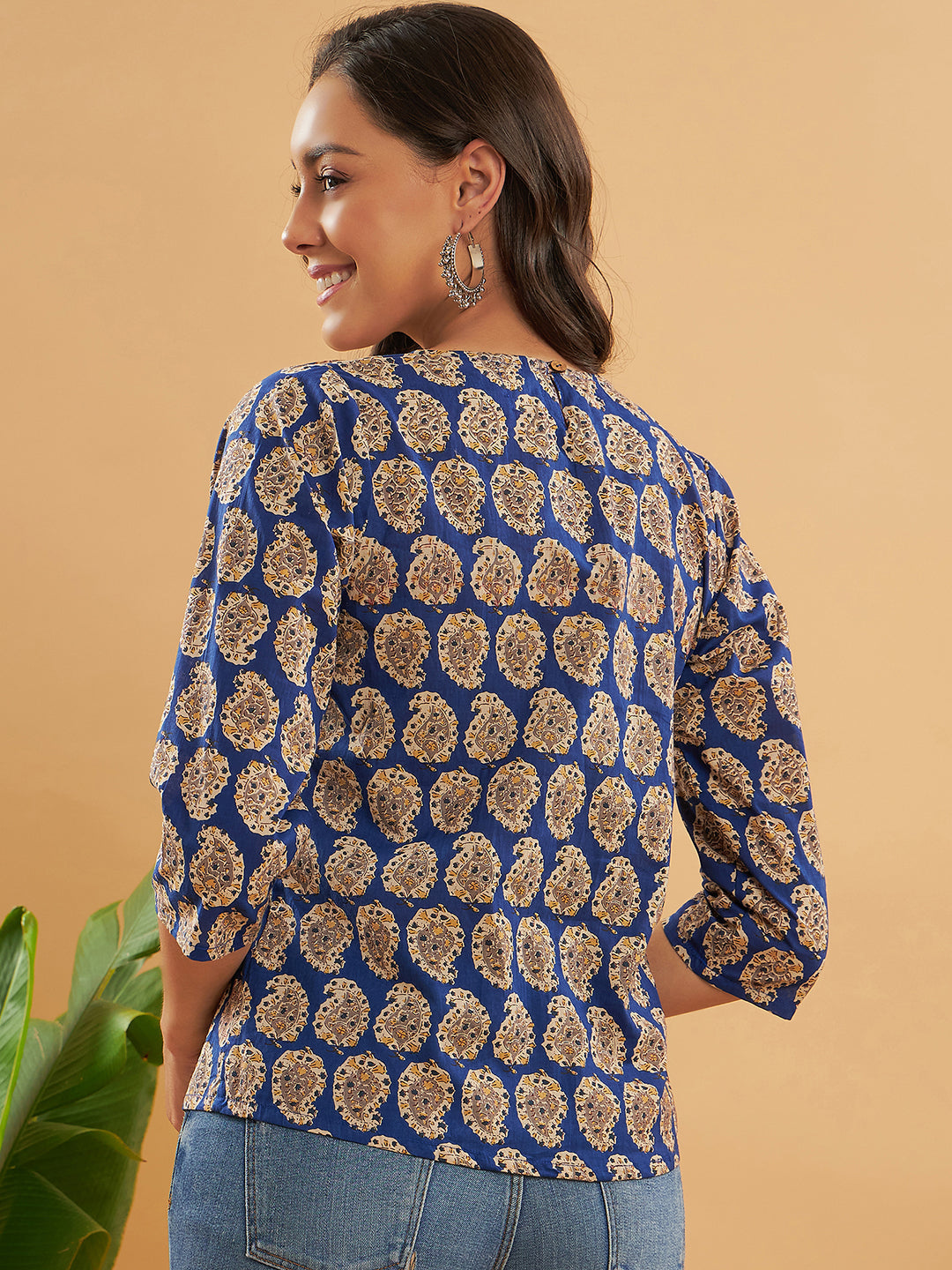 InWeave Women's Ink Blue Small Paisley Kalamkari Top 