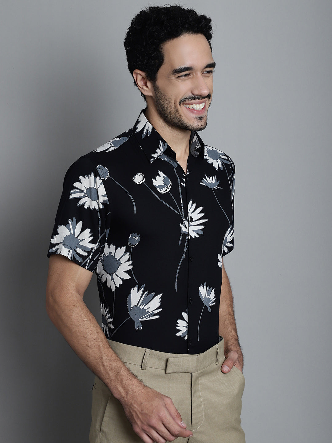 Jainish Men's Floral Printed Formal Shirts - Black