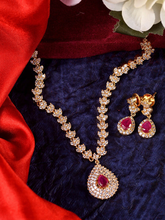 Saraf RS Jewellery Gold-Plated White & Red American Diamond Studded & Beaded Handcrafted Jewellery Set - Grab2buy