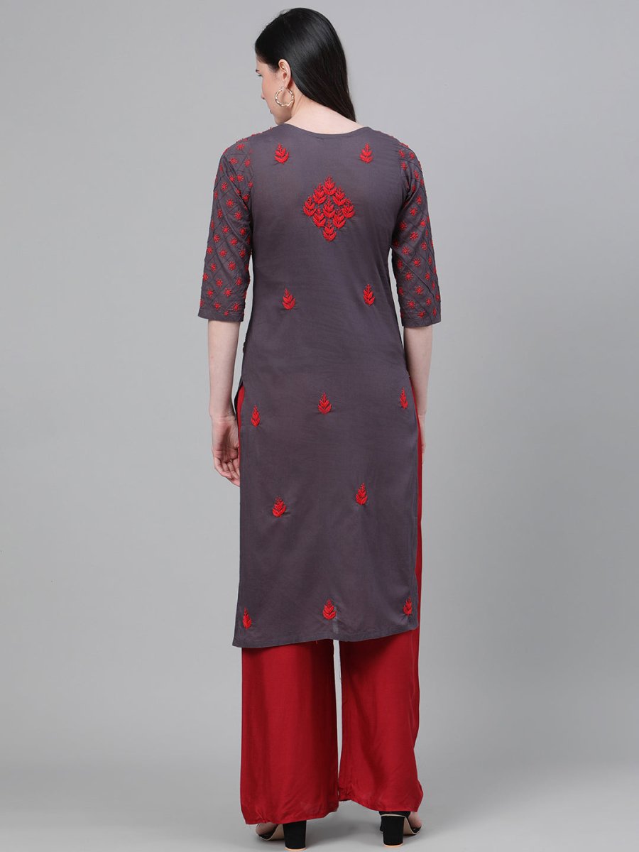 ADA Women Charcoal Grey & Red Chikankari Hand Embroidered Cotton Straight Sustainable Handloom Kurta 