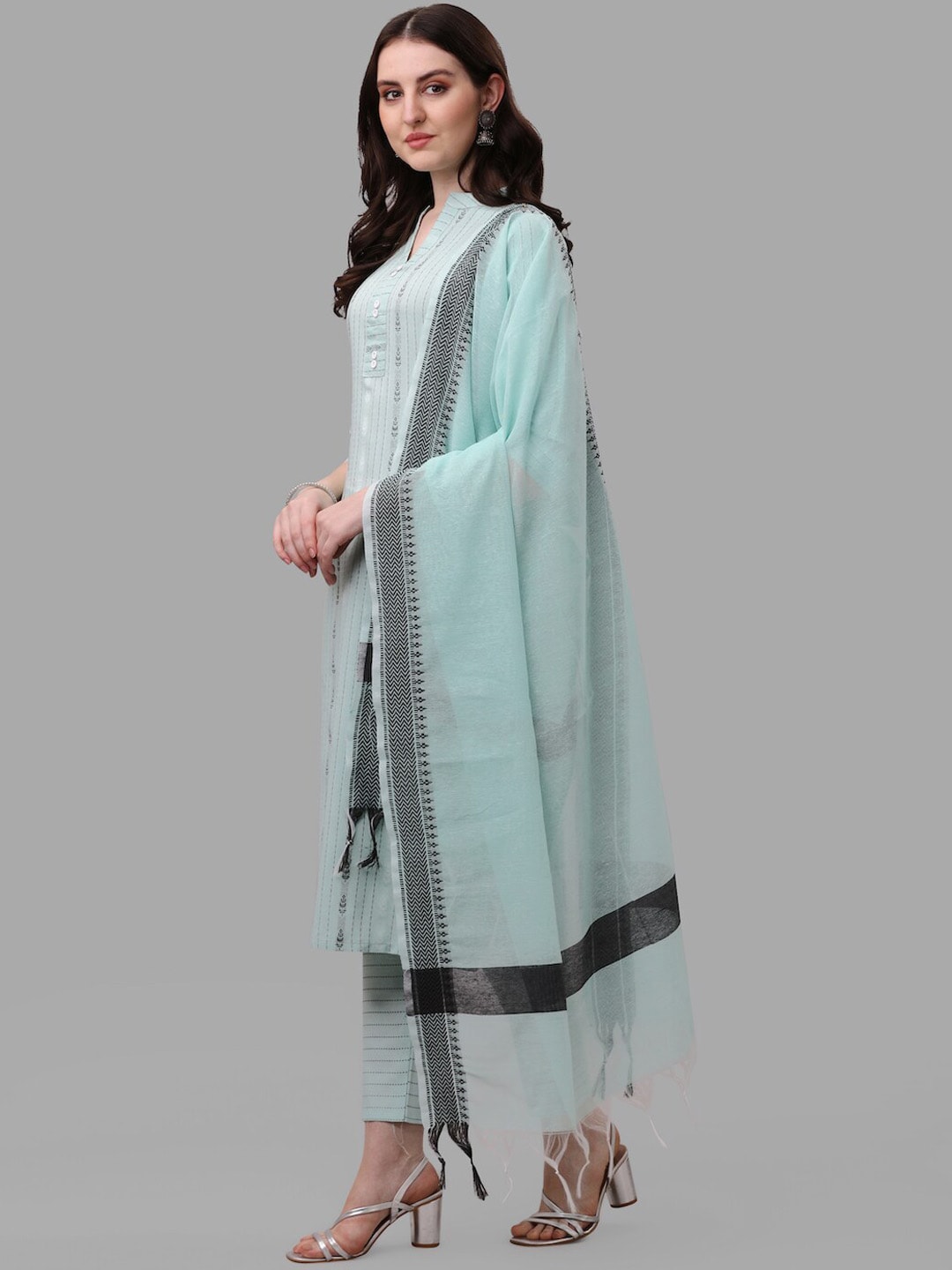 HERE&NOW Turquoise Blue Striped Regular Pure Cotton Kurta With Trousers & Dupatta