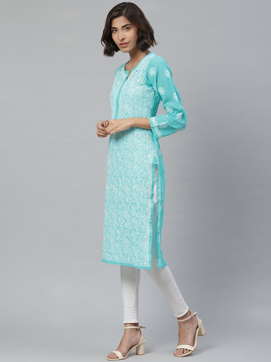 ADA Women Sea Green & White Floral Chikankari Embroidered Straight Sustainable Handloom Kurta 