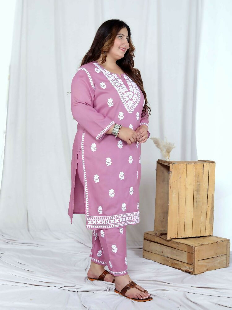 Miravan Womens Plus Size Pink Embroidered Kurta With Palazzo