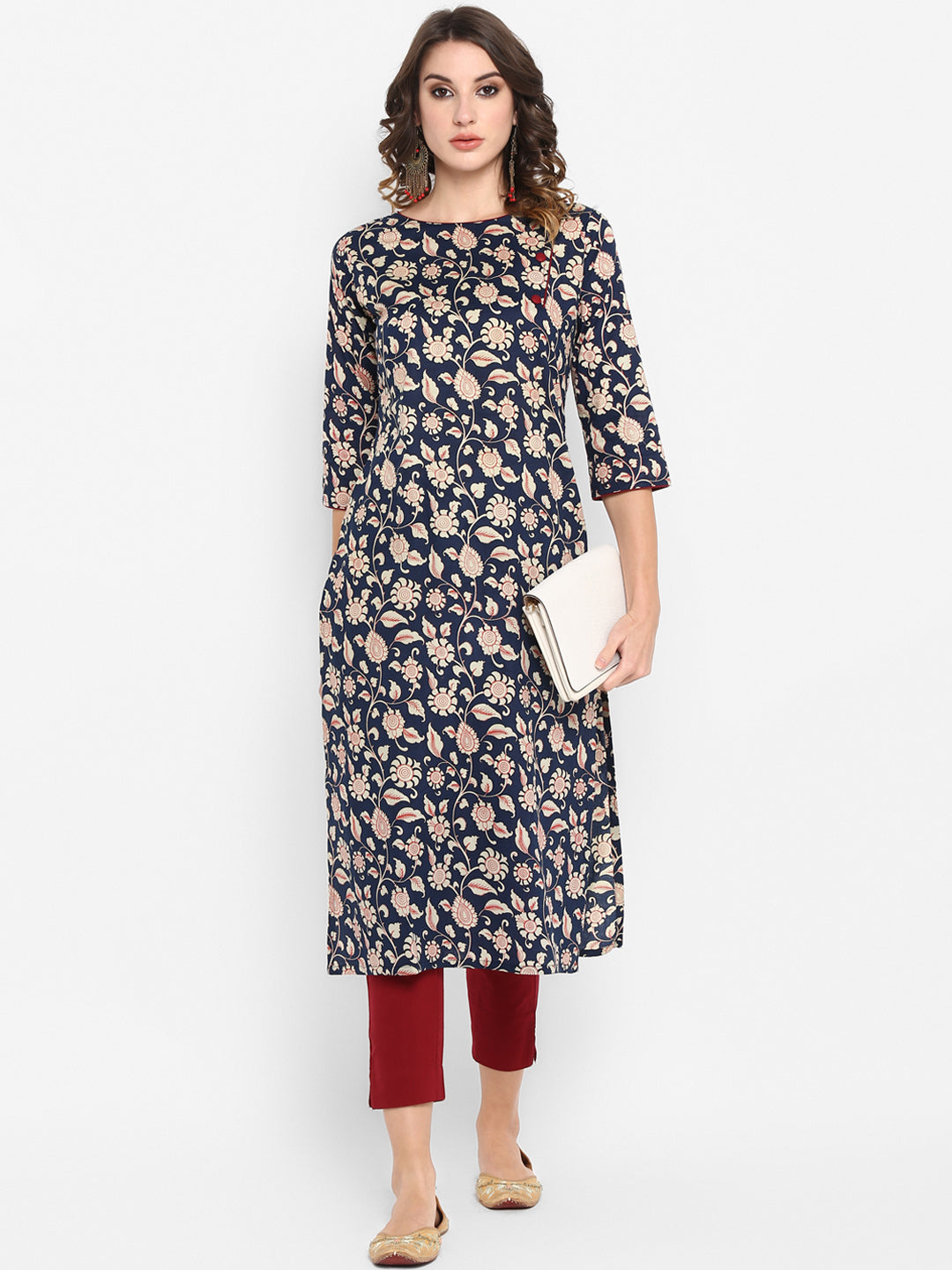Janasya Women Navy Blue Ethnic Motifs Printed Regular Pure Cotton Kurta with Trousers