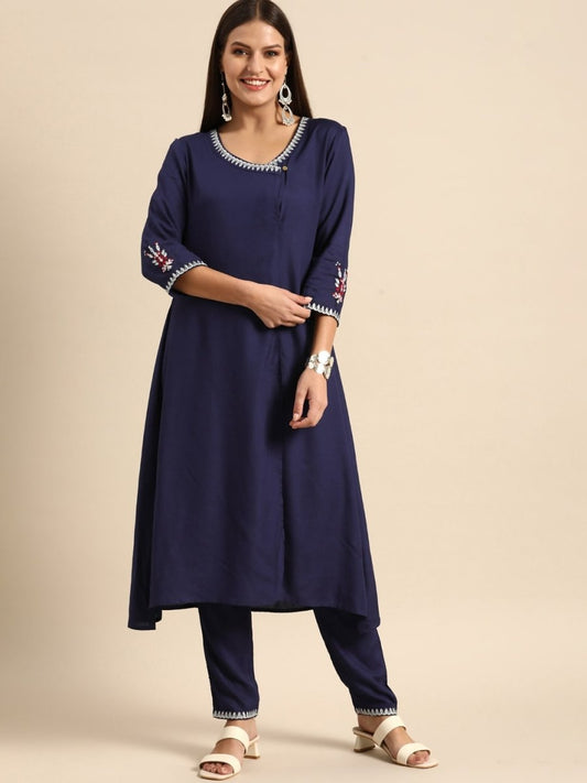 All About You Women Navy Blue Embroidered Kurta with Trousers