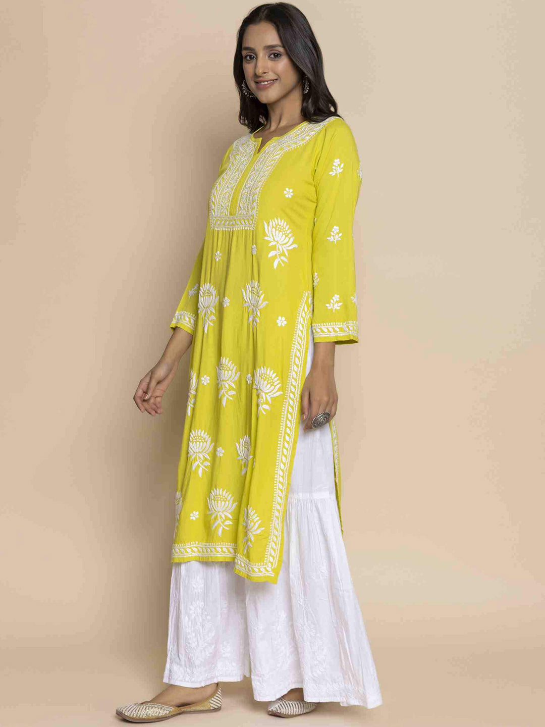HOUSE OF KARI Floral Chikankari Embroidered Cotton Straight Kurta 