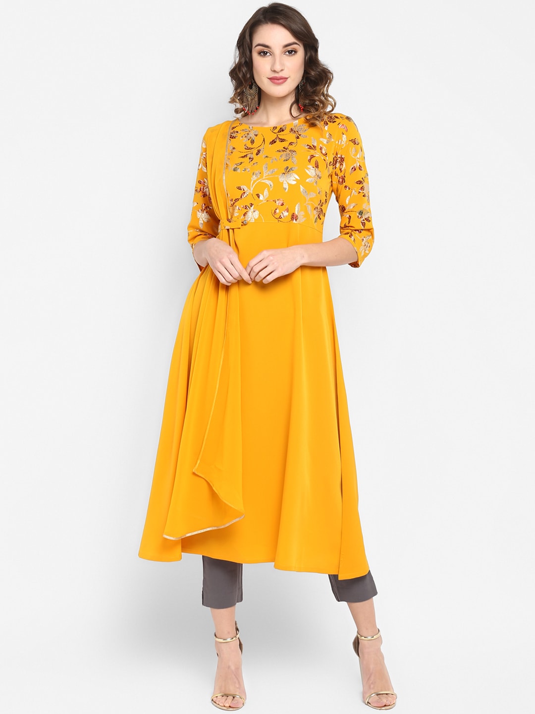 Janasya Women Mustard Yellow Printed A-Line Kurta