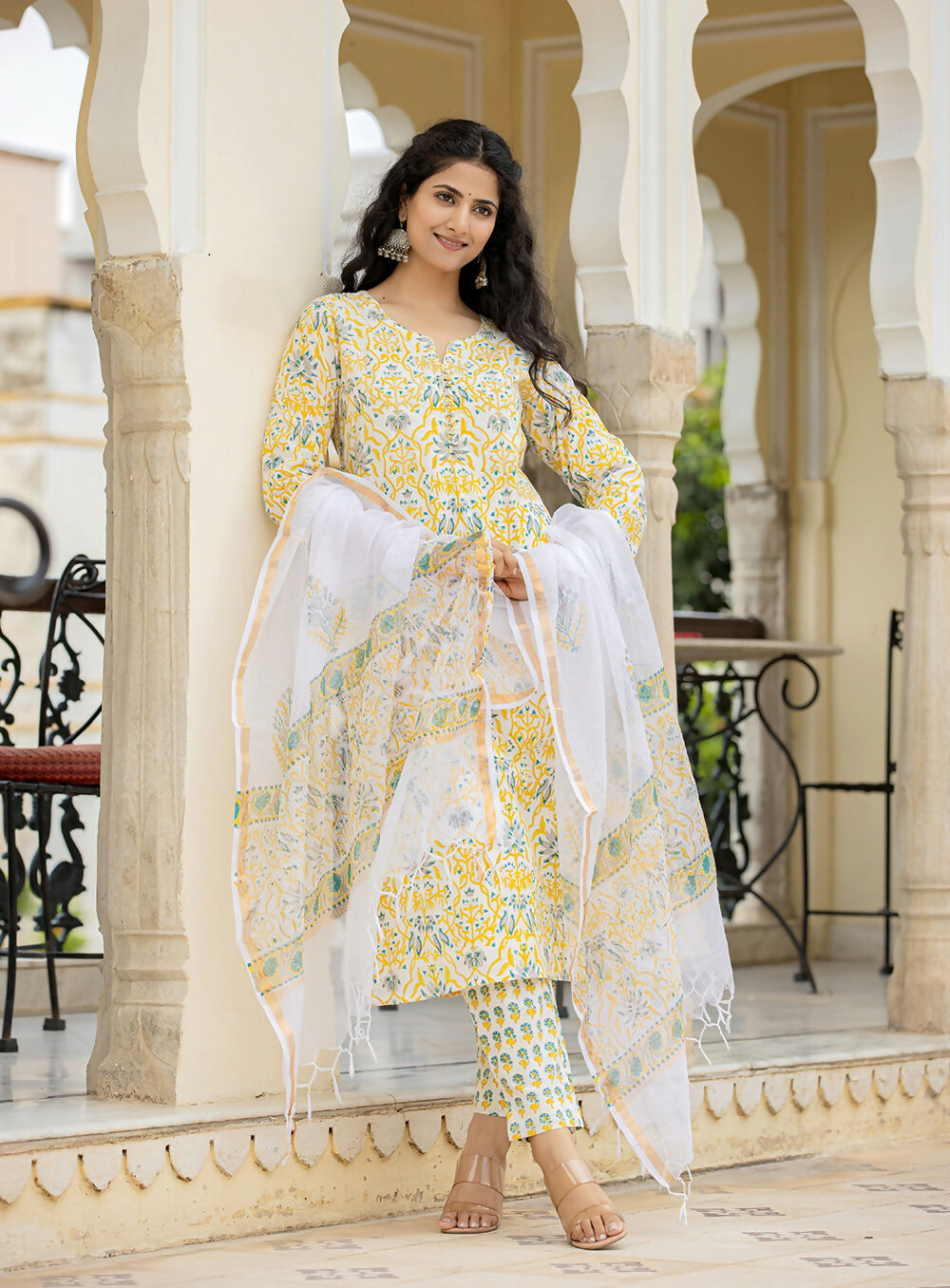 Kaajh Women's Yellow Hand Block Print Suit Set