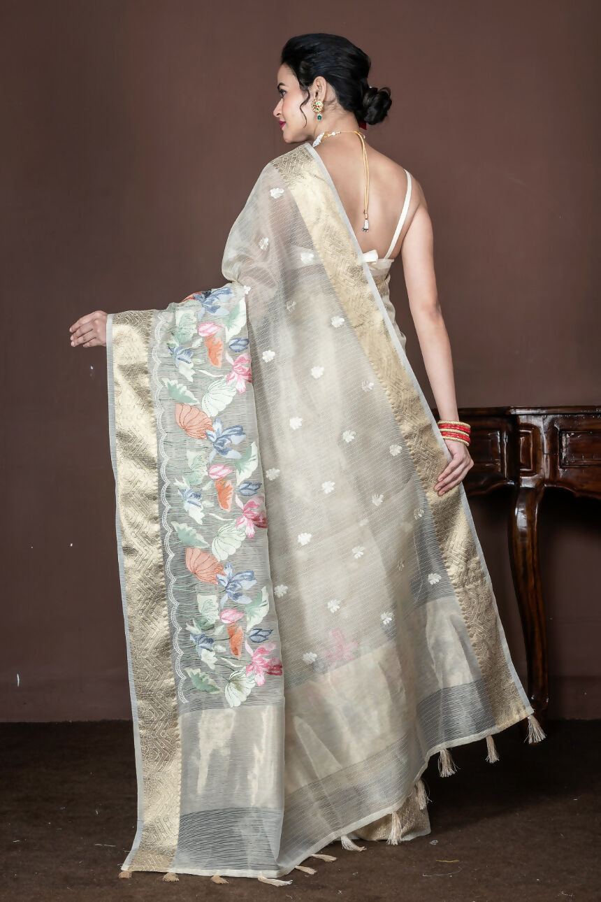 Morchari Beige Banarasi Tissue Computer Embroidery Grab2Buy Unstitched Blouse 