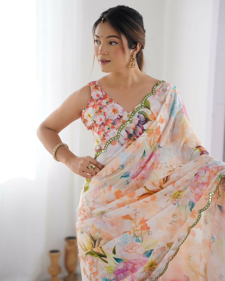 Multy Chinon Designer Digital Printed & Mirror Cut Work Saree - Kriti