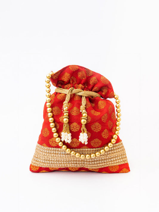 NR By Nidhi Rathi Red & Gold-Toned Embroidered Potli Clutch - Grab2buy