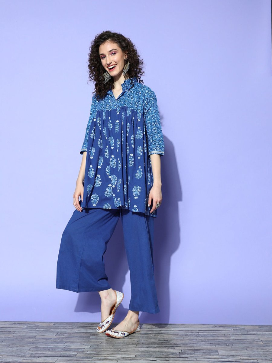 Ahalyaa Blue Pure Cotton Tunic & Palazzos Ethnic Co-Ords 