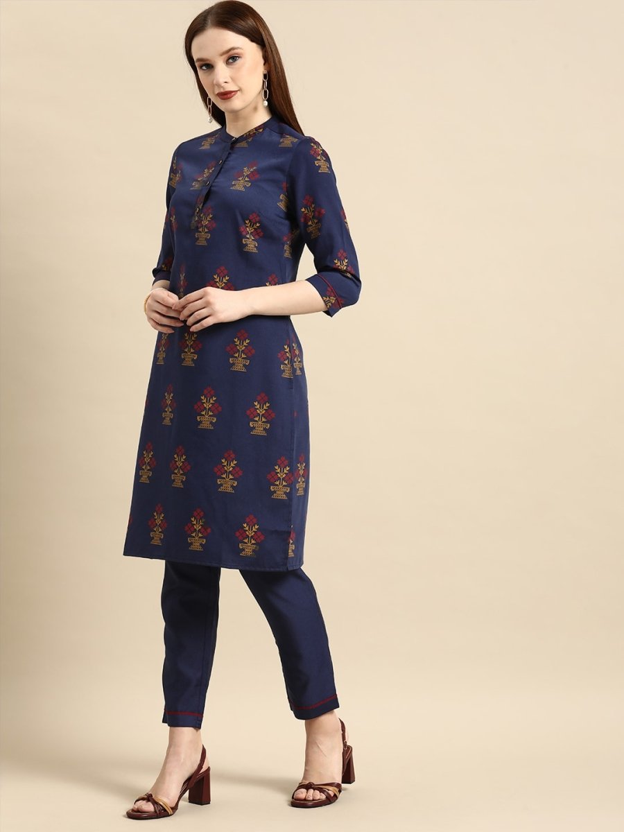 All About You Women Navy Blue Ethnic Motifs Printed Kurta with Trousers & With Dupatta