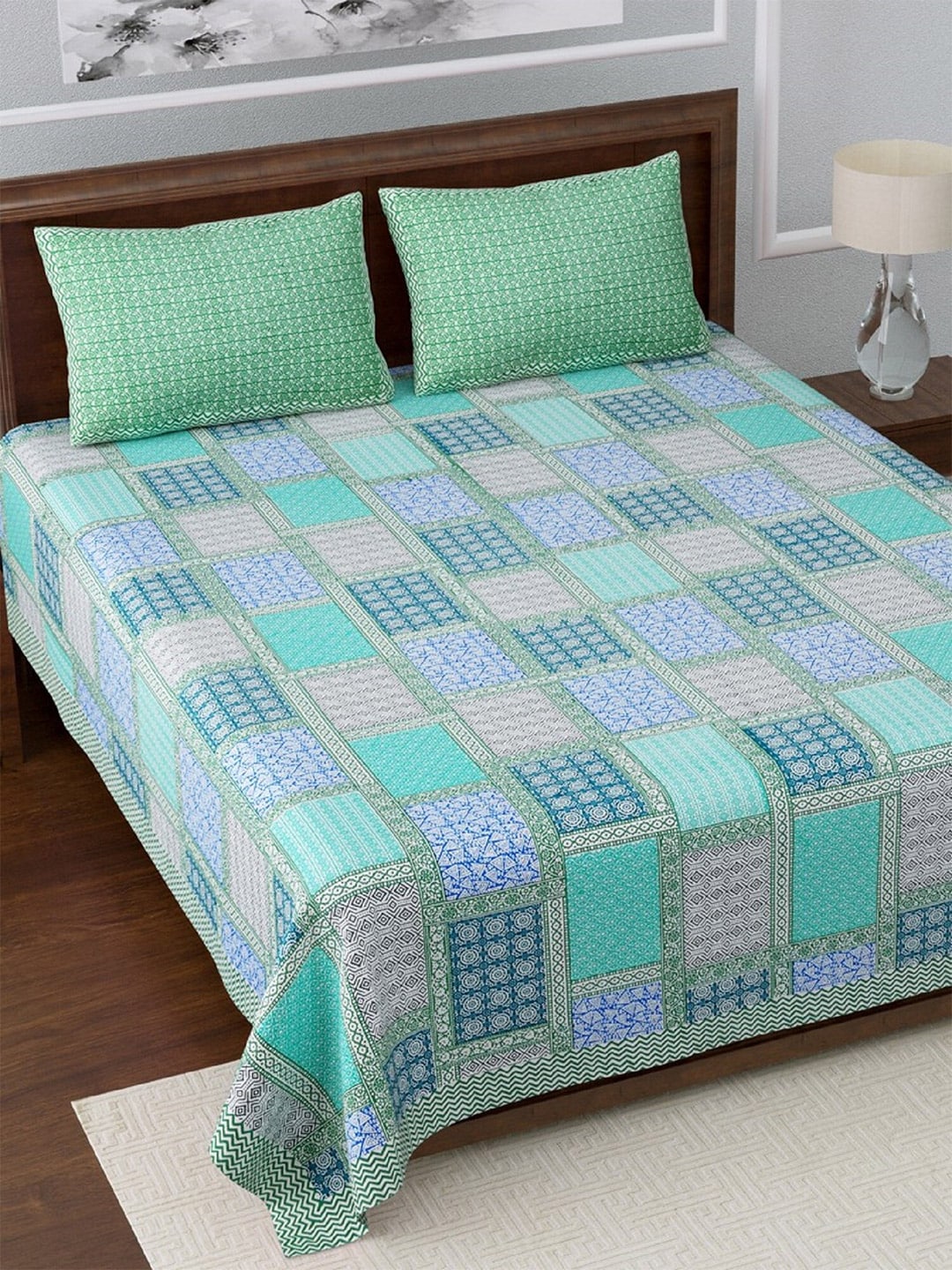 LIVING ROOTS Blue & Green Jaipur Printed 210 TC King Bedsheet with 2 Pillow Covers 