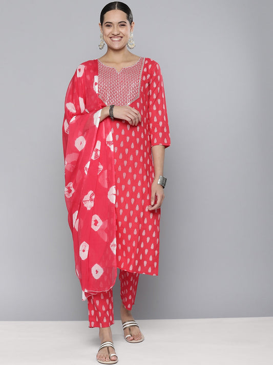 HERE&NOW Women Embroidered Yoke Design Sequinned Kurta with Trousers & With Dupatta