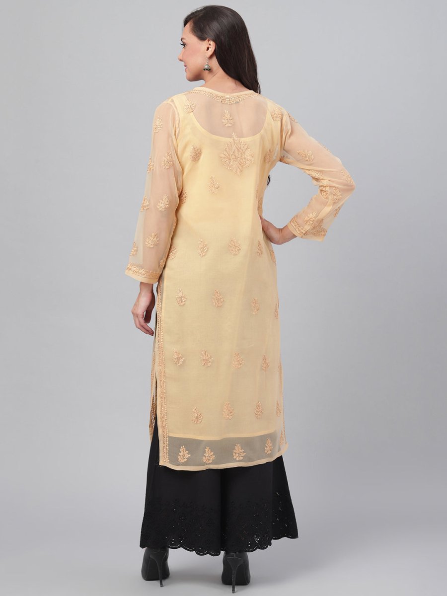 ADA Women Beige Chikankari Hand Embroidered Straight Sustainable Handloom Kurta With Slip 
