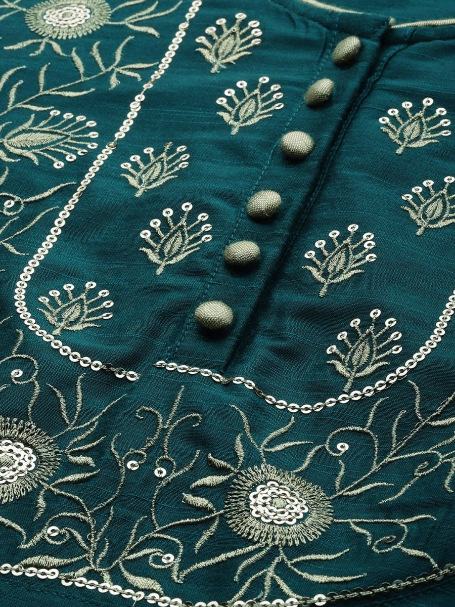 All About You Women Green & Gold-Toned Embroidered Sequinned Kurta with Trousers & Dupatta
