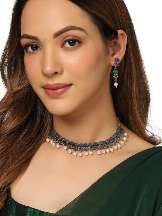 NVR Women Silver-Plated Stone Studded Oxidised Silver Jewellery Set - Grab2buy
