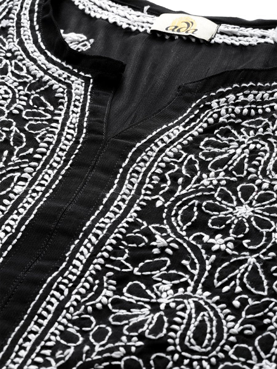 ADA Women Black & White Chikankari Hand Embroidered Semi-Sheer Straight Sustainable Handloom Kurta 