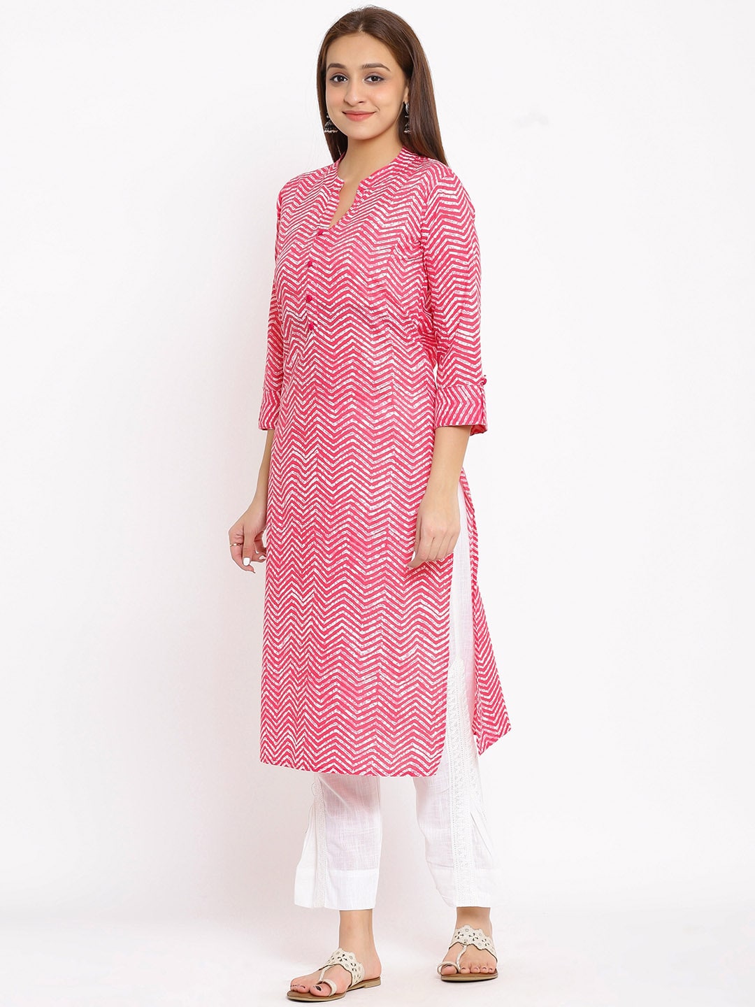 HERE&NOW Pink Chevron Printed Regular Kurta with Trousers