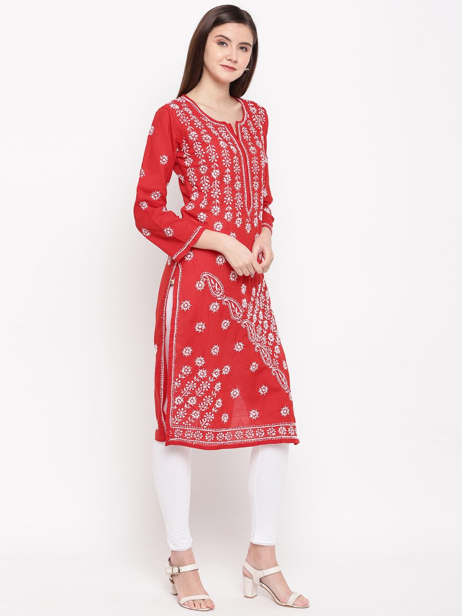 ADA Women Red & White Chikankari Hand Embroidered Straight Sustainable Kurta 