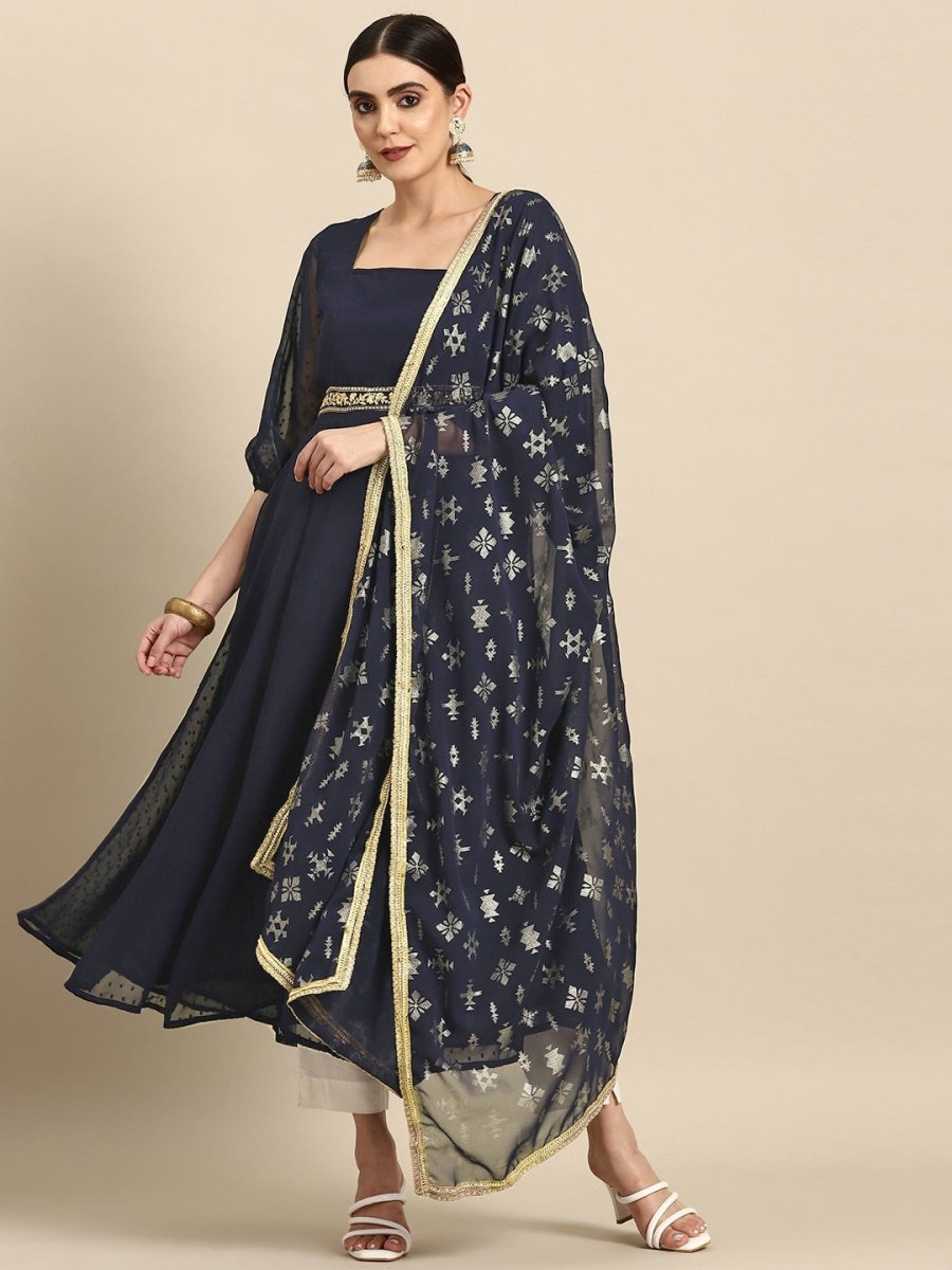 All About You Square Neck Dobby Weave A-Line Kurta With Dupatta
