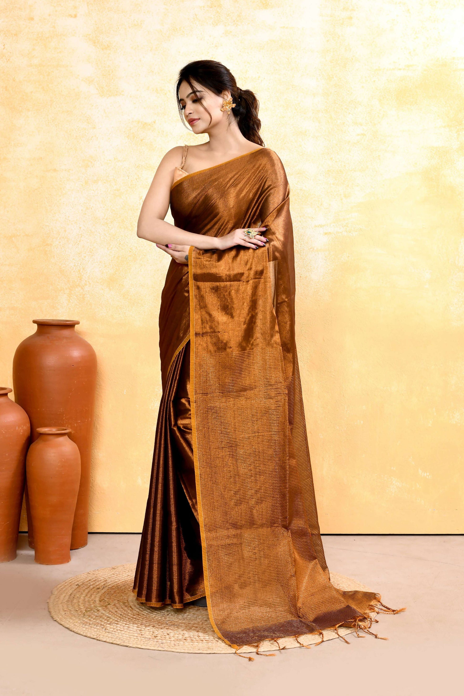 Piyari Fashion Women's Copper Dual Tone Organic Tissue Saree With Blouse Piece