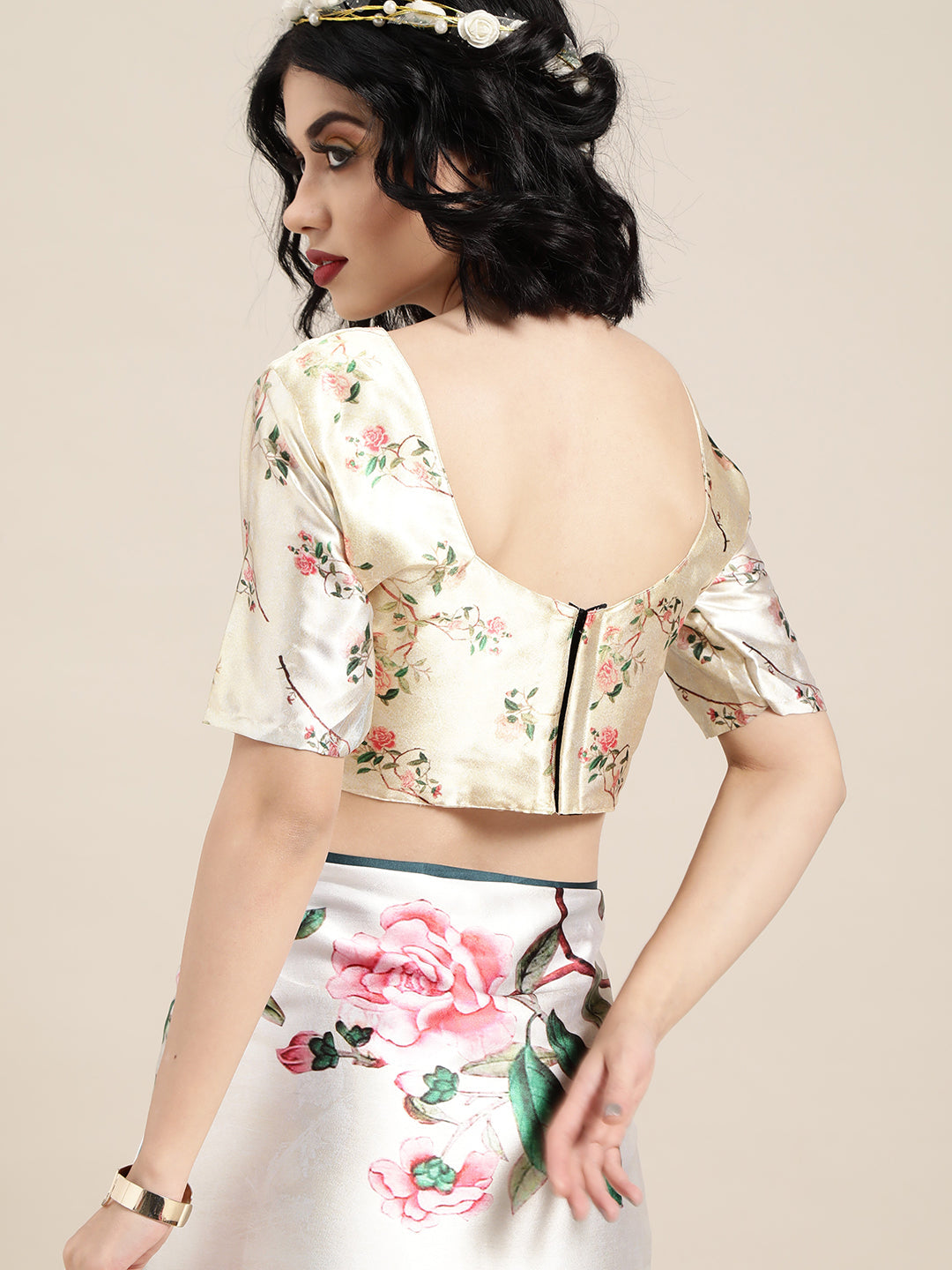 Saree Mall Cream-Coloured & Pink Satin Floral Block Print Saree
