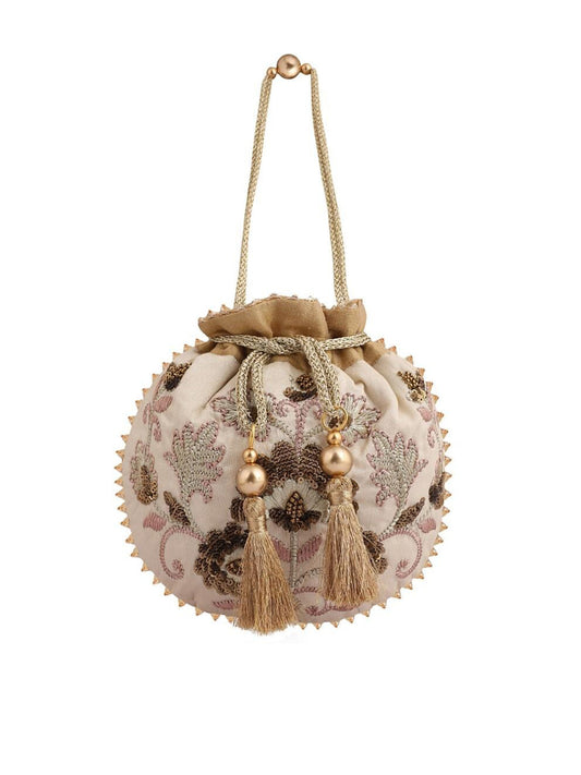 Masq Beige & Brown Embellished Embroidered Potli Clutch - Grab2buy