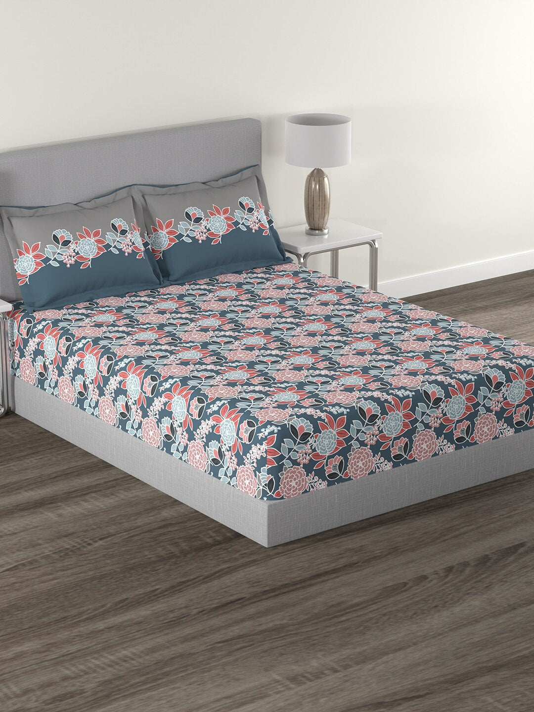 MYTRIDENT Blue Green Floral Cotton 144 TC Queen Bedsheet With 2 Pillow Covers 