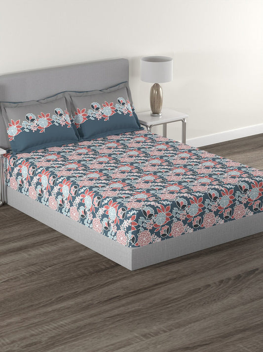 MYTRIDENT Blue Green Floral Cotton 144 TC Queen Bedsheet With 2 Pillow Covers 