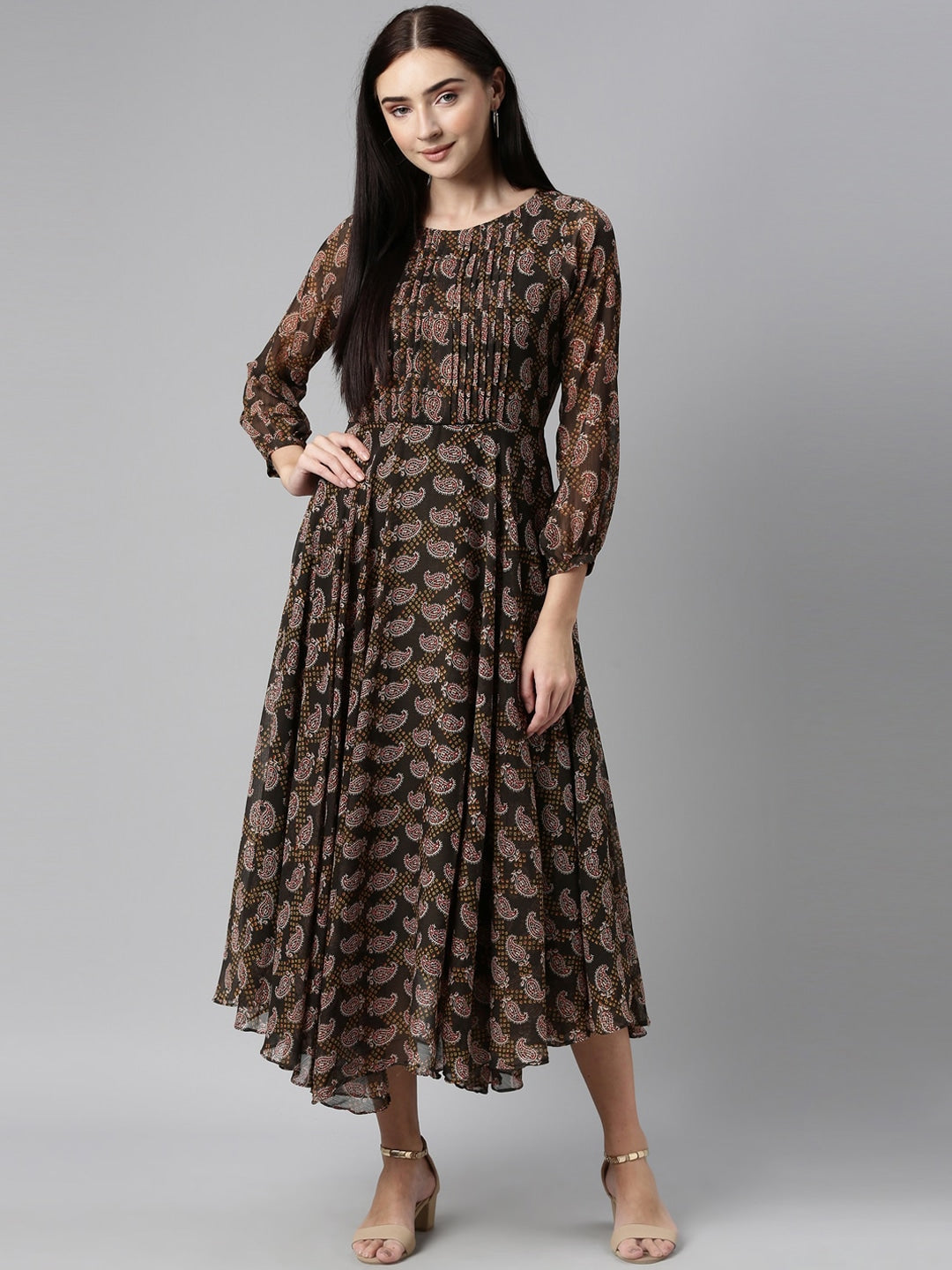 Souchii Olive Green & Red Ethnic Motifs Printed Chiffon A-Line Maxi Dress | Grab2Buy