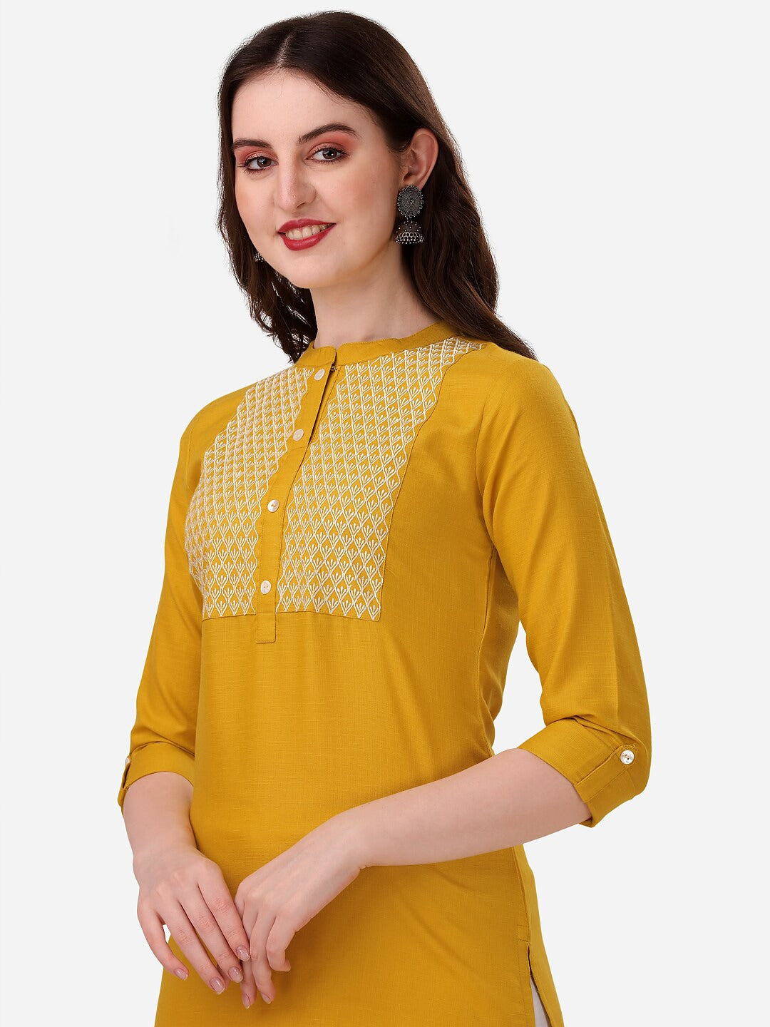 HERE&NOW Yoke Design Mandarin Collar Thread Work Cotton Kurta 