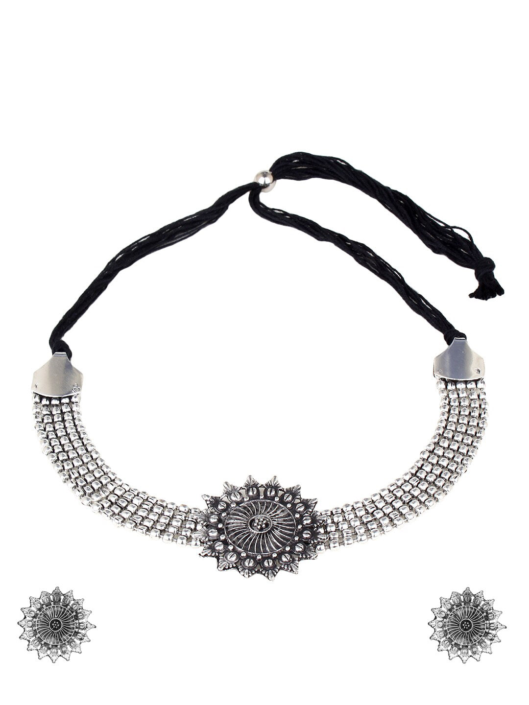 Cardinal Silver-Toned Black Oxidized Choker Necklace Set - Grab2buy