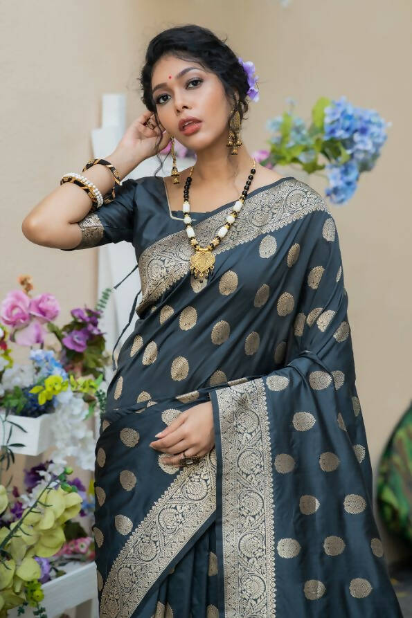 Vishnu Weaves Women's Grey Banarasi Silk Floral Zari Woven Grab2Buy with Unstitched Blouse 